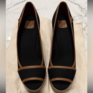 Tory Burch Black Canvas Open-Toe Flats with Brown Trim
